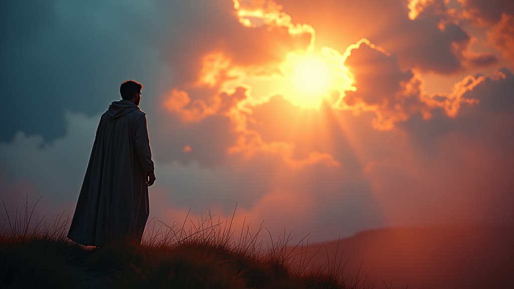  history of biblical times, god reaffirming his promise to jacob with a vision filled with vibrant colors. hyperrealistic, full body, detailed clothing, highly detailed, cinematic lighting, stunningly beautiful, intricate, sharp focus, f/1. 8, 85mm, (centered image composition), (professionally color graded), ((bright soft diffused light)), volumetric fog, trending on instagram, trending on tumblr, HDR 4K, 8K