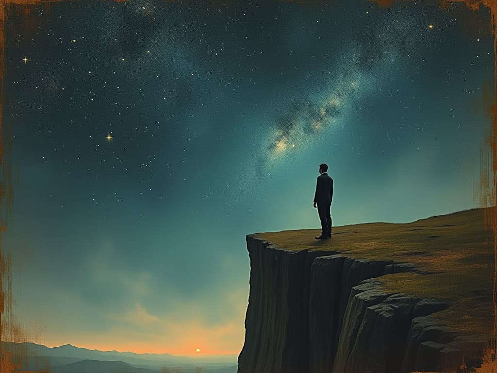  a lone individual, standing at the edge of a cliff under a star studded sky, gazing into the vast unknown, open sky, twinkling stars, expansive, contemplative, ethereal. in a mysterious and provocative surrealism style on a weathered old sheet of parchment.