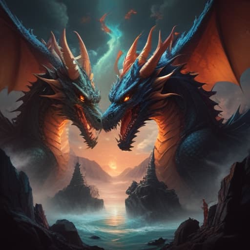 In the digital art style of Akina Fujiwara, create an awe-inspiring image of Five Headed Dragon, Galatros. The dragon looms majestically over a mystical landscape, with each of its five heads representing a different element - dark, fire, water, earth, and wind. Its scales shimmer with a divine light, reflecting its invincibility against the forces of nature. The background is filled with swirling elements of each element, creating a dynamic and powerful composition. fantastical creatures or characters inspired by mythology, folklore, or popular culture. use vibrant colors, sharp lines, intricate details, dynamic poses, dramatic lighting, atmospheric backgrounds, and blend anime, manga, and Western comic influences.