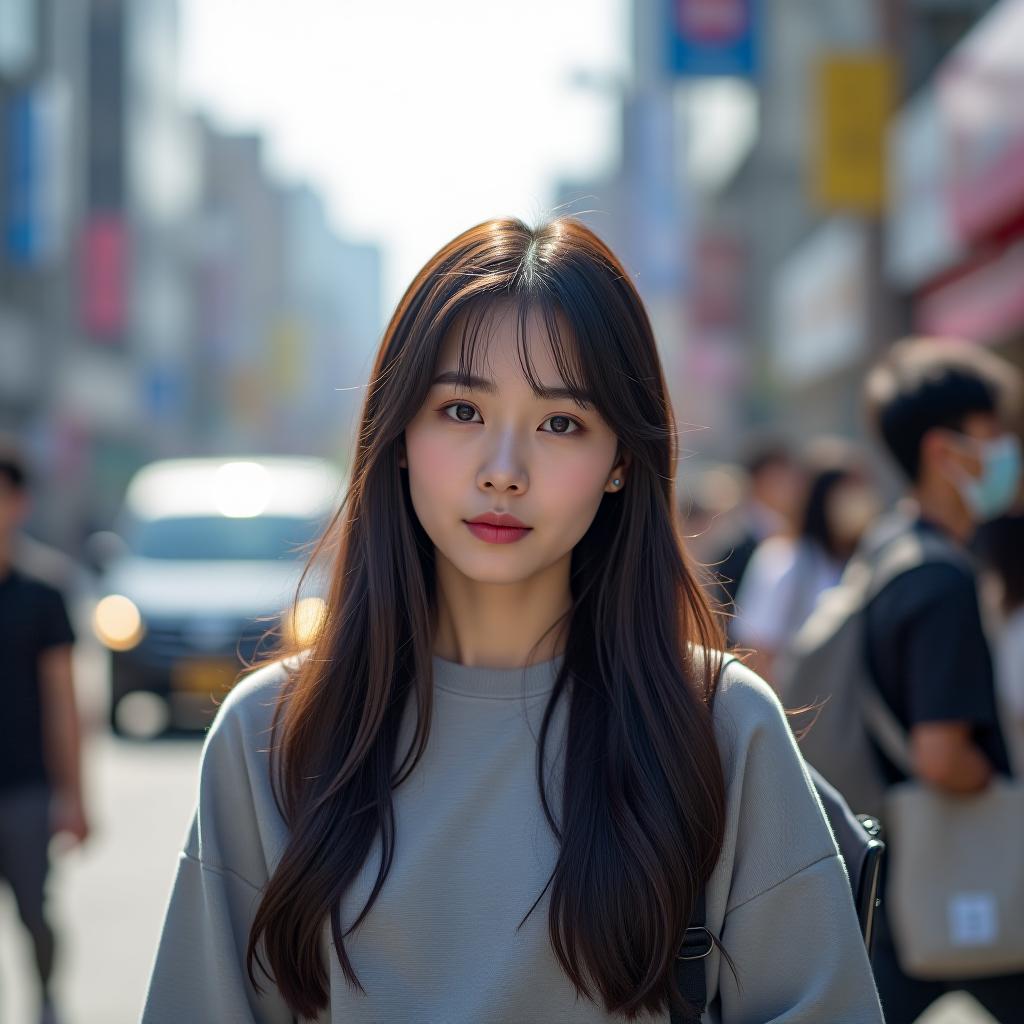  the image captures a young korean woman in her 20s on a city street, taken with an ultra high resolution camera. the clarity of the photo reveals every detail, from the texture of her skin to the individual strands of her hair. the woman has a natural look, with minimal makeup, and her long, straight hair falls neatly around her shoulders. she wears casual, modern clothing, blending seamlessly with the urban background. the street behind her is busy, with a mix of people and vehicles, but the focus remains on her, creating a sharp contrast between her and the slightly blurred city surroundings. the overall mood is vibrant and lively, reflecting the energy of a bustling city street. hyperrealistic, full body, detailed clothing, highly detailed, cinematic lighting, stunningly beautiful, intricate, sharp focus, f/1. 8, 85mm, (centered image composition), (professionally color graded), ((bright soft diffused light)), volumetric fog, trending on instagram, trending on tumblr, HDR 4K, 8K