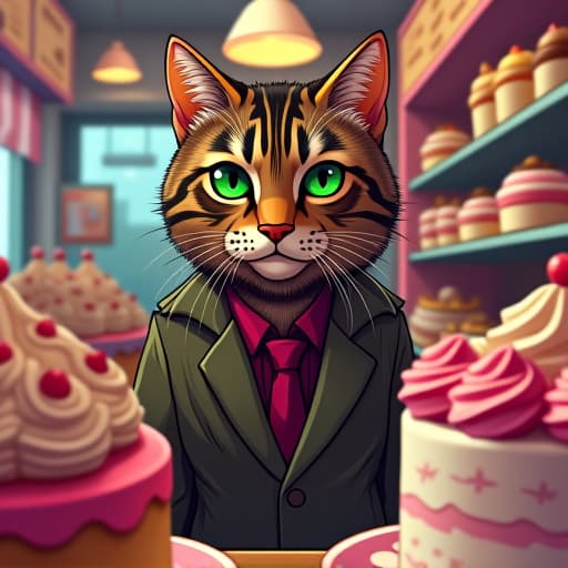  in a bustling cake shop, hemule, the rebellious tabby cat, stands out with his impeccable style. his striking green eyes survey the array of colorful cakes, exuding charisma and edgy vibes. the cartoonish scene captures hemule's tough persona, mixing brown, black, and grey stripes in a vibrant, comic book like style, creating a compelling visual narrative. hyperrealistic, full body, detailed clothing, highly detailed, cinematic lighting, stunningly beautiful, intricate, sharp focus, f/1. 8, 85mm, (centered image composition), (professionally color graded), ((bright soft diffused light)), volumetric fog, trending on instagram, trending on tumblr, HDR 4K, 8K