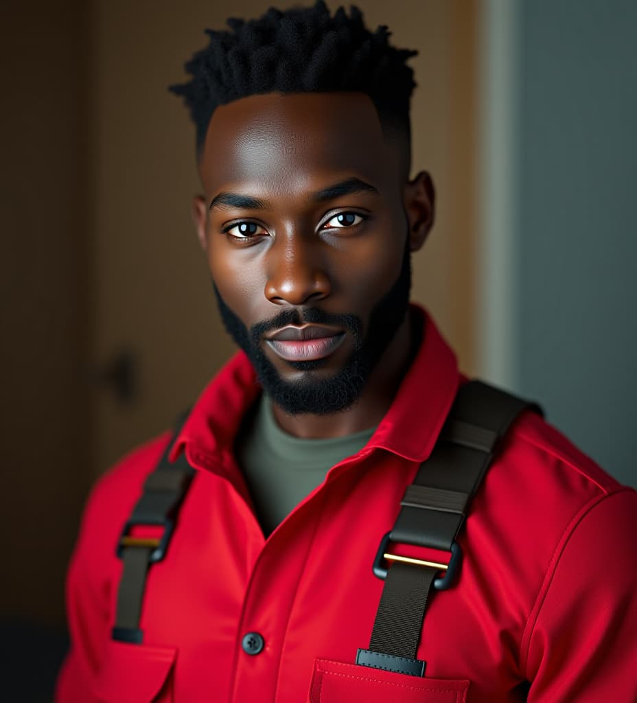  a dark brown man in red coveralls.