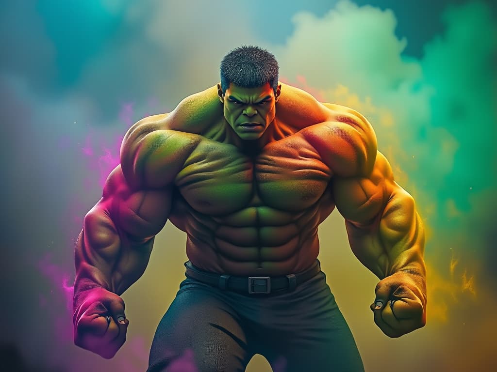  hulk in rainbow colour hyperrealistic, full body, detailed clothing, highly detailed, cinematic lighting, stunningly beautiful, intricate, sharp focus, f/1. 8, 85mm, (centered image composition), (professionally color graded), ((bright soft diffused light)), volumetric fog, trending on instagram, trending on tumblr, HDR 4K, 8K