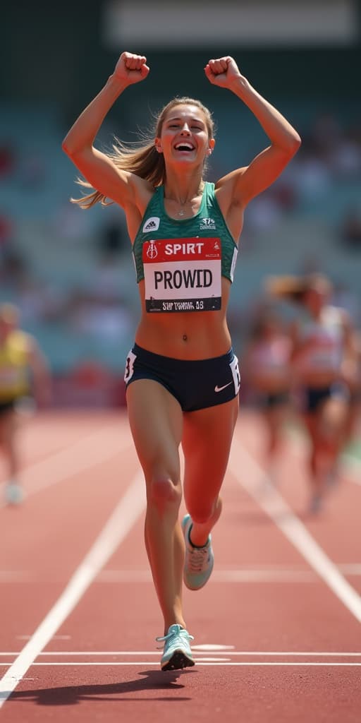  a female track and field athlete celebrating winning a sprint race at a sports event, high quality, high details, hd, perfect composition, 4k epic detailed, highly detailed, sharp focus, high resolution