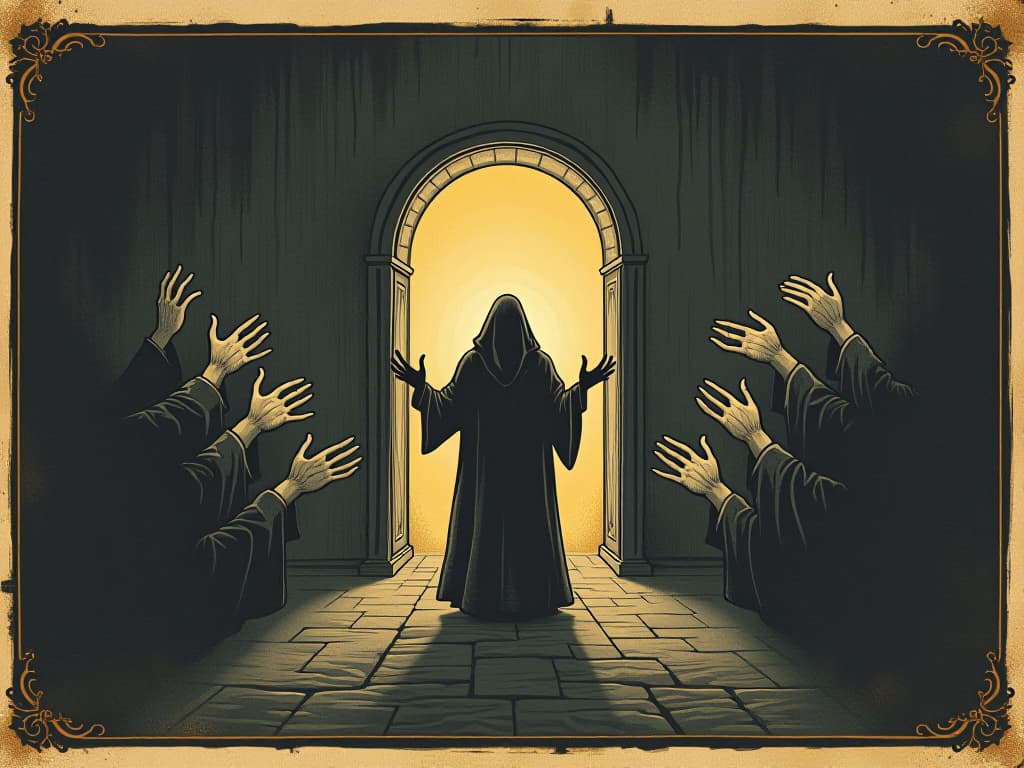  figure standing at the threshold of a portal, multiple hands reaching out from within, oppressive and dark theme, mood of conditional acceptance. an illustration in the style of a worn, mystical old tarot trump card, mysterious and elements of surrealism. the colors are muted, somber and eerie, but with contrast bring out an occult and esoteric vibe.