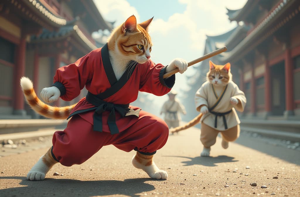  a fast action scene with realistic cats praticing martial arts in japan, anime concept art by hayao miyazaki, featured on pixiv, fantasy art, concept art, official art, high detailed hyperrealistic, full body, detailed clothing, highly detailed, cinematic lighting, stunningly beautiful, intricate, sharp focus, f/1. 8, 85mm, (centered image composition), (professionally color graded), ((bright soft diffused light)), volumetric fog, trending on instagram, trending on tumblr, HDR 4K, 8K