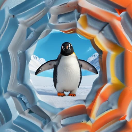 A funny penguin sliding down a kaleidoscope-like, abstract icy slope.