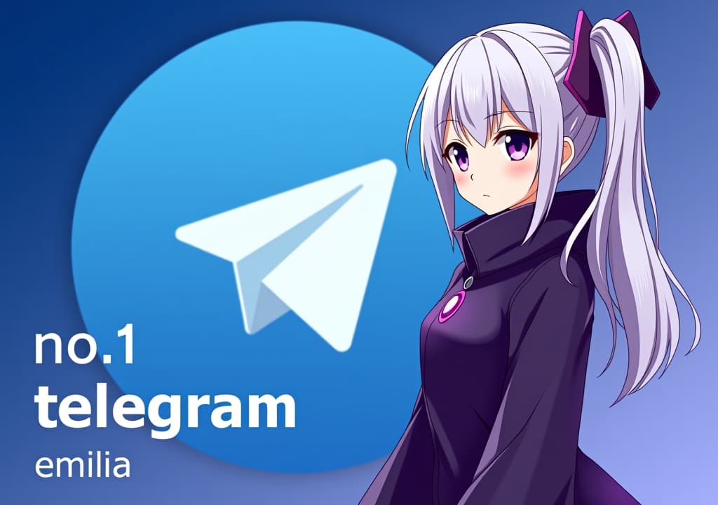  good quality, high quality, a poster style profile picture for a telegram group management bot featuring emilia from re:zero. emilia is depicted with her silver hair and purple eyes, standing confidently with a stylized telegram icon behind her. the background blends telegram’s blue gradient with subtle purple hues. the text "no.1 telegram group management bot" in anime sytle font is prominently displayed at the bottom in bold, modern font, with a small "emilia" tag underneath, creating a sleek and professional look.