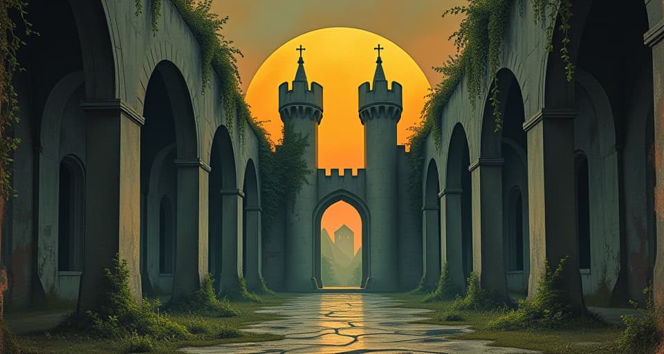  sun rising behind a crumbling castle, illuminating abandoned hallways, creeping ivy overtaking the structure, revelation, inevitability. an illustration in the style of a worn, mystical old tarot trump card, mysterious and elements of surrealism. the colors are muted, somber and eerie, but with contrast bring out an occult and esoteric vibe.