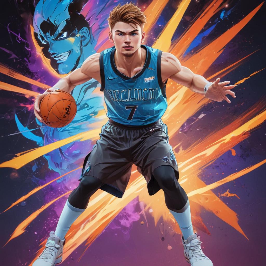 distance-shot, flashy, full-body, dynamic, holographic, animated cartoon poster of luka doncic in the style of dragon ball super