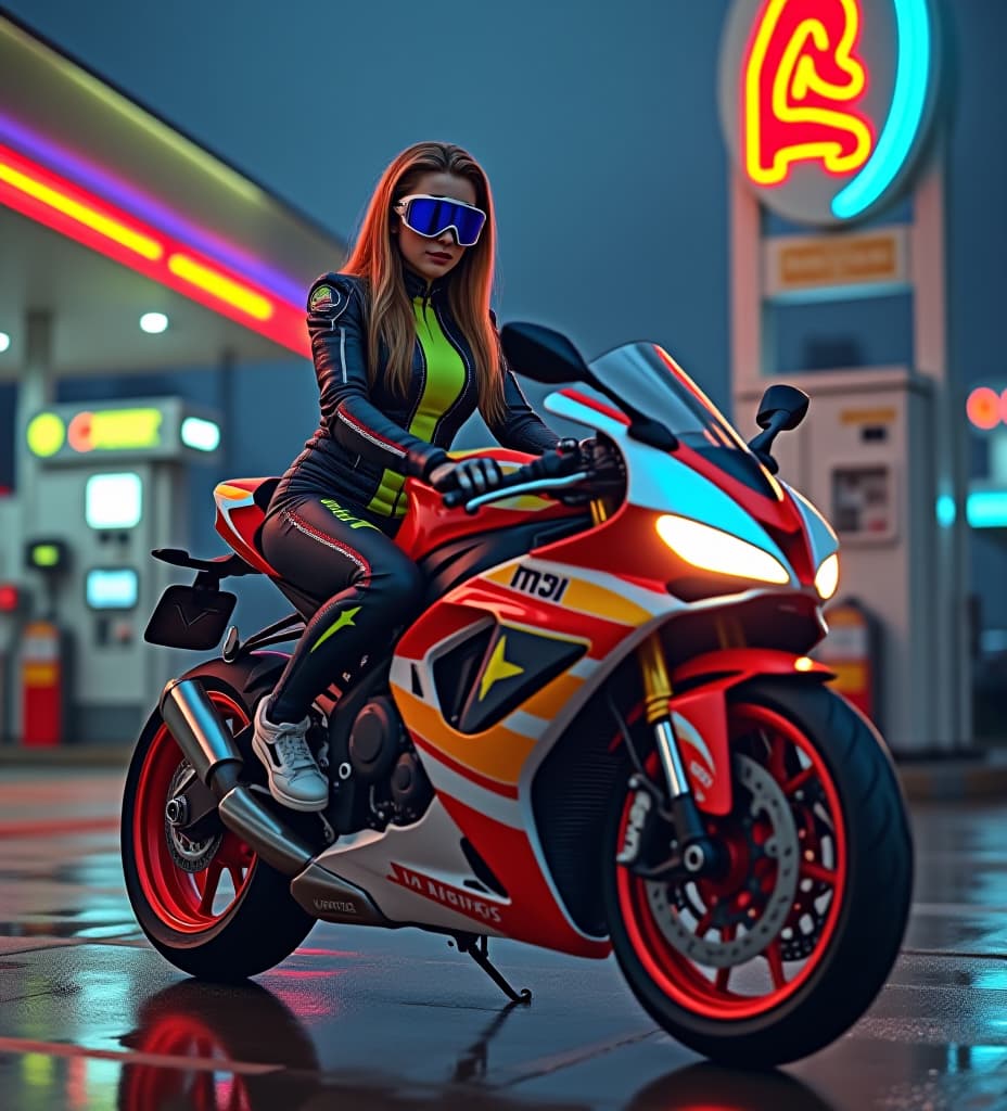  a young female in sleek, modern sportbike gear, confidently seated on a vibrant sportbike at a bustling gas station. the scene captures the gleaming chrome of the bike, with a dynamic urban background and vivid neon signs illuminating the evening. reflections on the bike's surface showcase the colorful gas station lights. the atmosphere is energetic, blending elements of contemporary realism with hints of pop art, inspired by the works of artists like roy lichtenstein and keith haring.