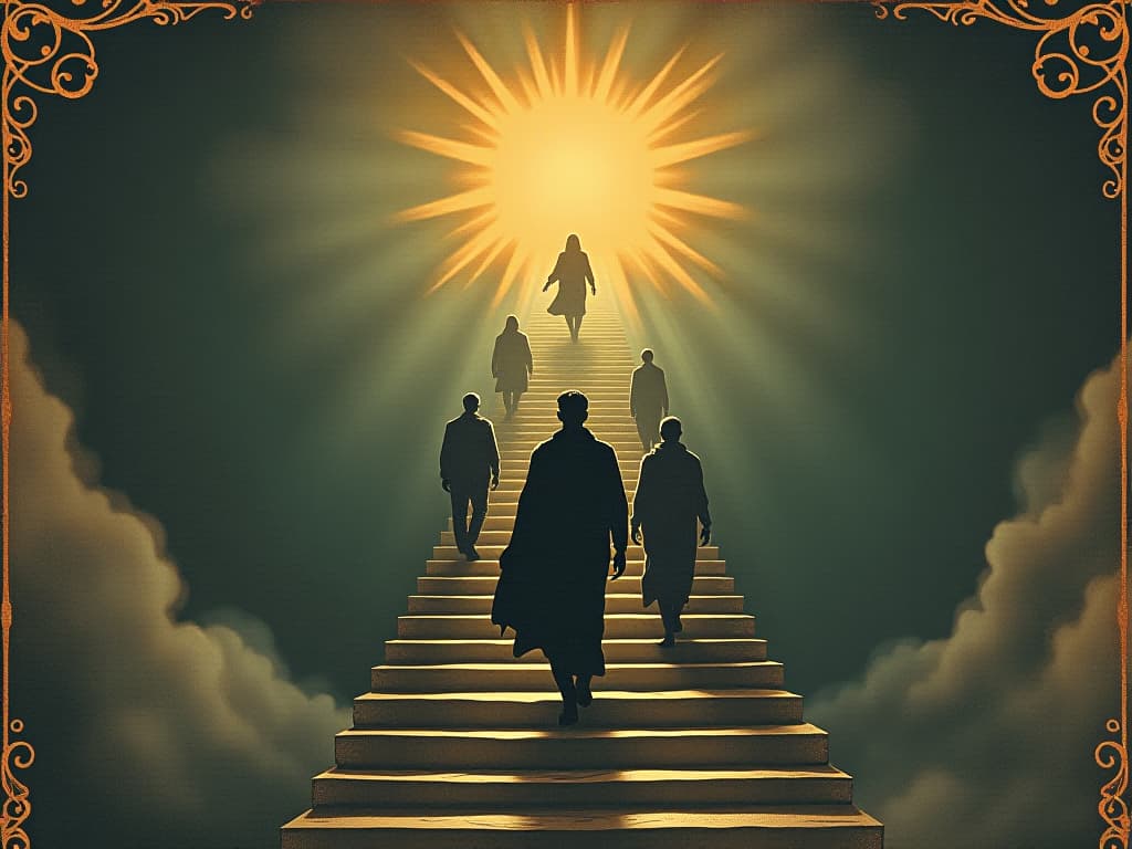  pursuit of enlightenment, figures ascending staircase of light, determined and harmonious. an illustration in the style of a worn, mystical old tarot trump card, mysterious and elements of surrealism. the colors are muted, somber and eerie, but with contrast bring out an occult and esoteric vibe.