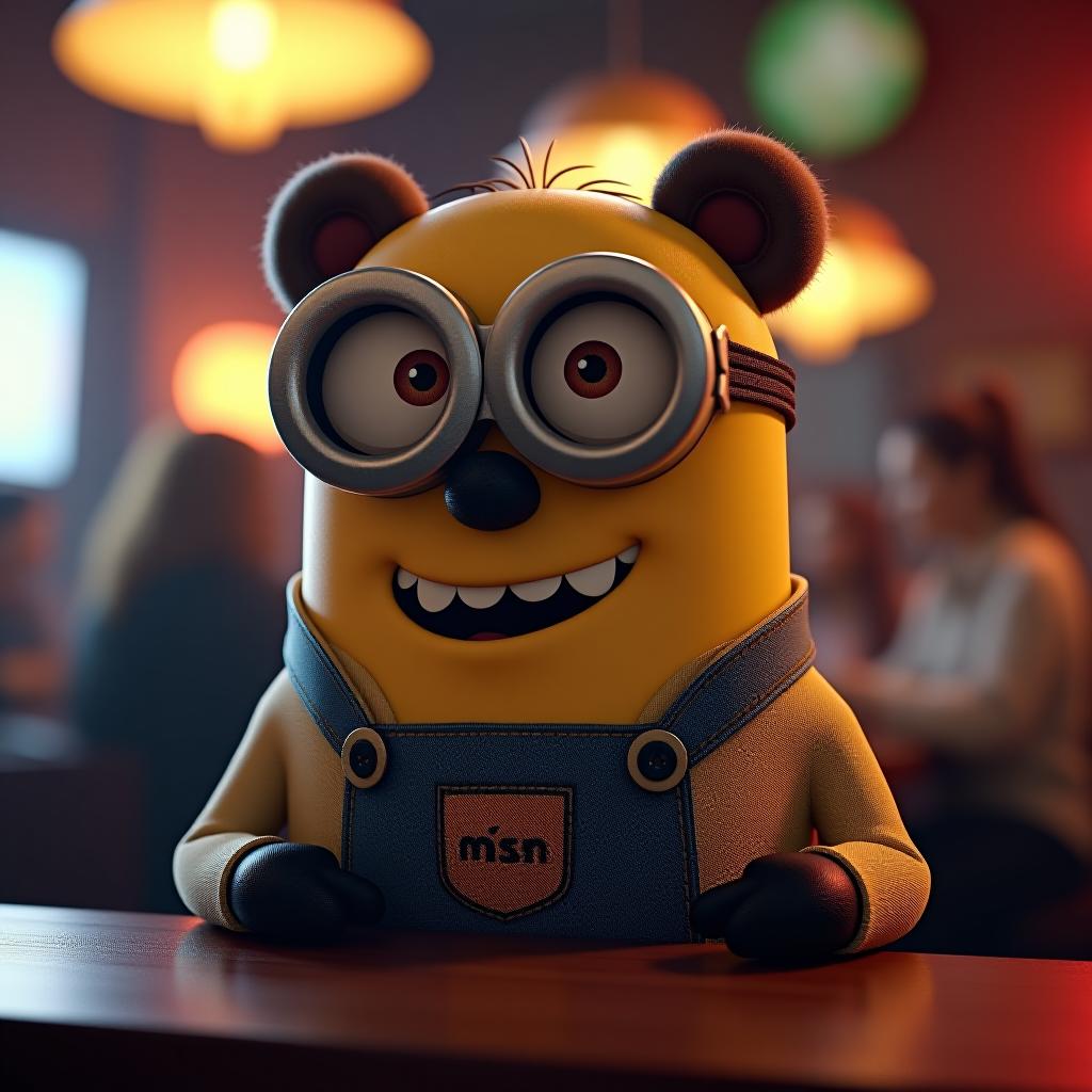  hyperrealistic art minion take the bear in the bar and samara logo . extremely high resolution details, photographic, realism pushed to extreme, fine texture, incredibly lifelike hyperrealistic, full body, detailed clothing, highly detailed, cinematic lighting, stunningly beautiful, intricate, sharp focus, f/1. 8, 85mm, (centered image composition), (professionally color graded), ((bright soft diffused light)), volumetric fog, trending on instagram, trending on tumblr, HDR 4K, 8K