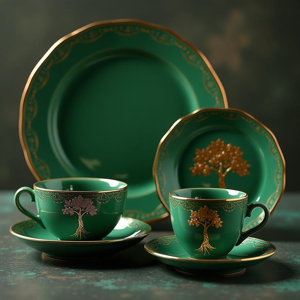  ceramic dishware for 6 persons, 32 pieces in emerald color with a gold tree in the center of each item. hyperrealistic, full body, detailed clothing, highly detailed, cinematic lighting, stunningly beautiful, intricate, sharp focus, f/1. 8, 85mm, (centered image composition), (professionally color graded), ((bright soft diffused light)), volumetric fog, trending on instagram, trending on tumblr, HDR 4K, 8K