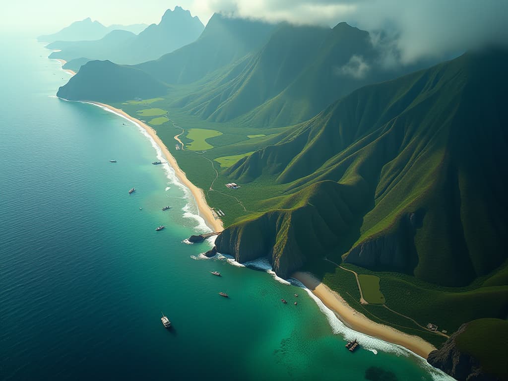  an aerial view of the coastline of saipan during the wwii era, showing military operations and troops preparing for the invasion. hyperrealistic, full body, detailed clothing, highly detailed, cinematic lighting, stunningly beautiful, intricate, sharp focus, f/1. 8, 85mm, (centered image composition), (professionally color graded), ((bright soft diffused light)), volumetric fog, trending on instagram, trending on tumblr, HDR 4K, 8K