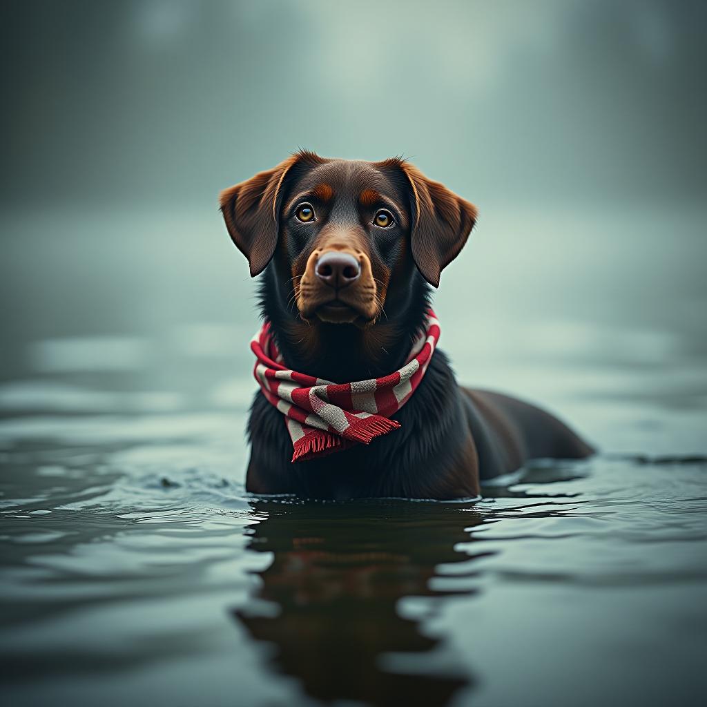  dog in the water hyperrealistic, full body, detailed clothing, highly detailed, cinematic lighting, stunningly beautiful, intricate, sharp focus, f/1. 8, 85mm, (centered image composition), (professionally color graded), ((bright soft diffused light)), volumetric fog, trending on instagram, trending on tumblr, HDR 4K, 8K