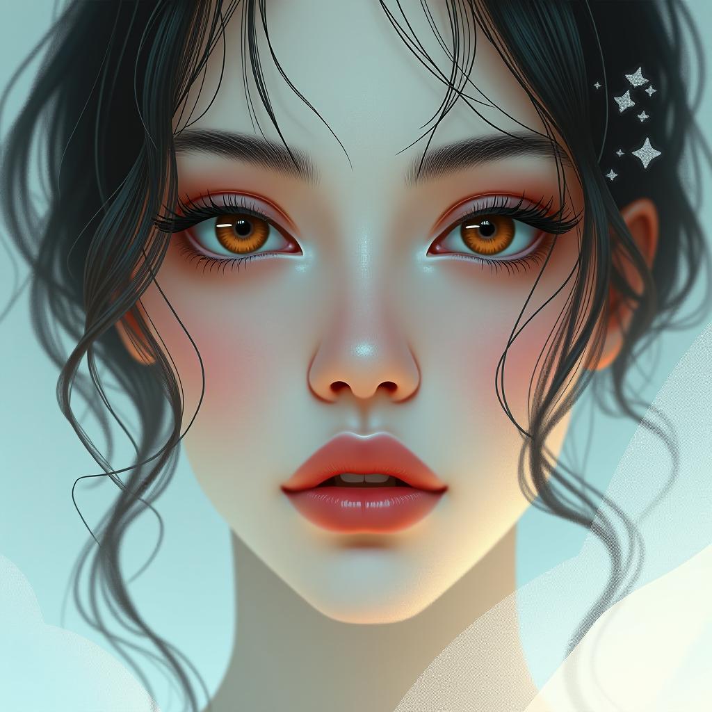  a mesmerizing digital illustration of a woman with an almost spectral presence, captured with a soft, dreamlike quality. her face is rendered with a porcelain like complexion, smooth and flawless, with delicate, elongated features that exude a sense of tranquility. her large, expressive brown eyes are framed by long, translucent lashes, drawing the viewer into her enigmatic gaze. wispy elements, reminiscent of hair or fabric, gently envelop her face, blending seamlessly into the ethereal background. the composition is minimalist yet captivating, with a focus on the woman's serene beauty and the otherworldly atmosphere that surrounds her.