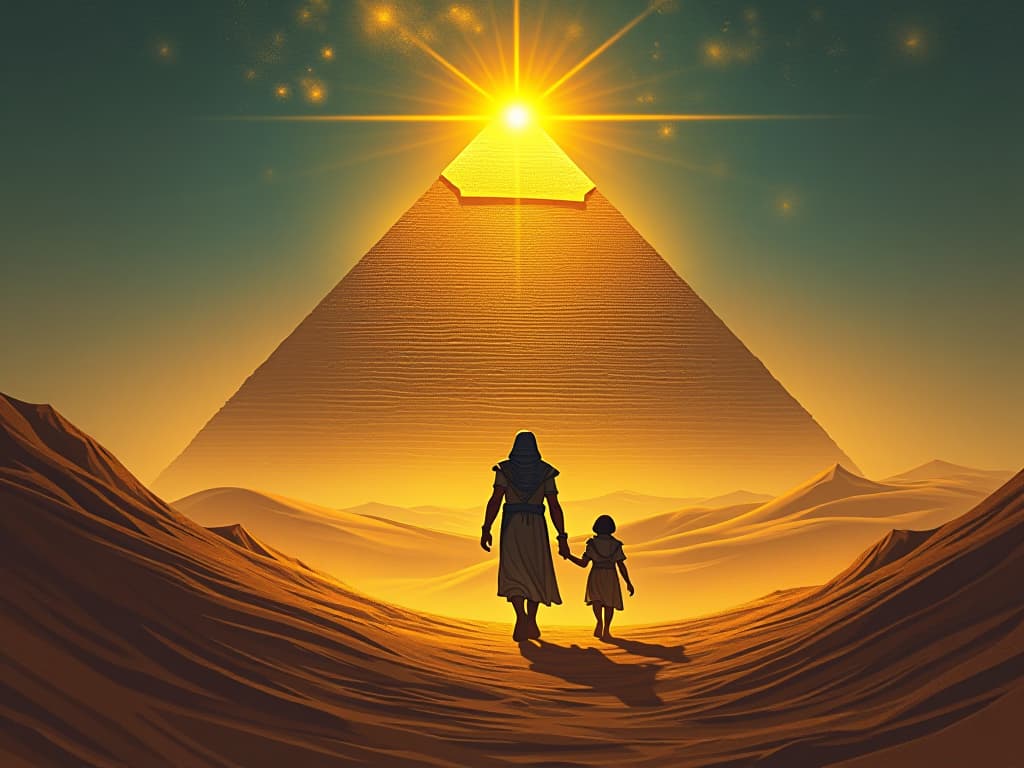  golden pyramid radiating light, travelers finding their way in desert, sense of illumination and guidance. the style is digital art illustration / modern comic book / mysterious occult, symbolic, esoteric vibe,high detail on character design, incorporating ancient egyptian symbology and attire.