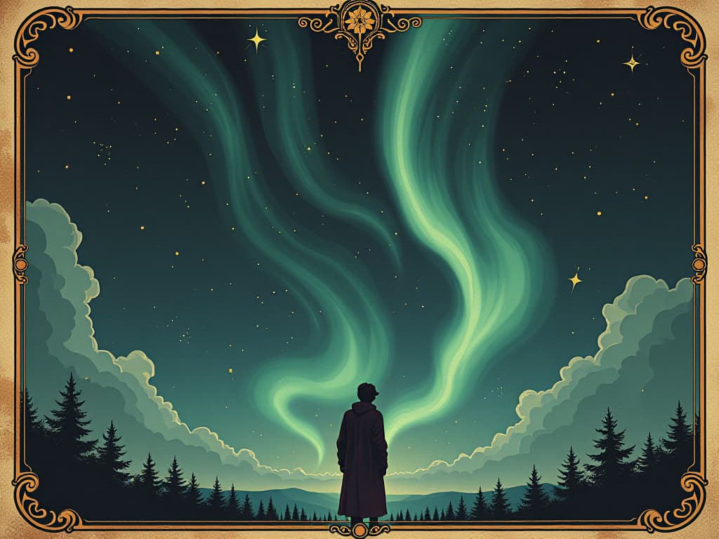  a person looking up at a sky filled with shooting stars and auroras, anticipation of what awaits, celestial wonder, mystical sky. an illustration in the style of a worn, mystical old tarot trump card, mysterious and elements of surrealism. the colors are muted, somber and eerie, but with contrast bring out an occult and esoteric vibe.