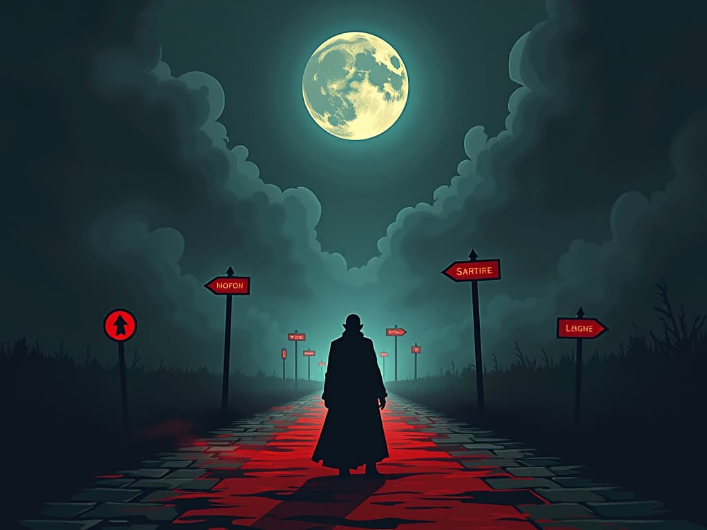  crossroads at night, ominous signs pointing in different directions, central figure hesitating, sacrificing potential pathways. the style is dark fantasy and mysterious occult, symbolic, moody lighting, esoteric vibe,high detail on character design. for the color scheme emphasize blacks and reds.