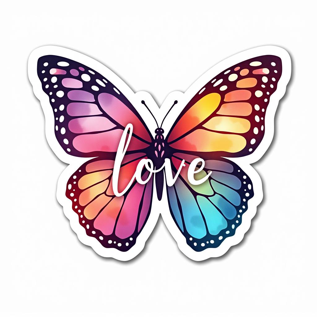  design a logo, custom sticker design on an isolated white background decorated by watercolor butterfly, with the text ‘love’