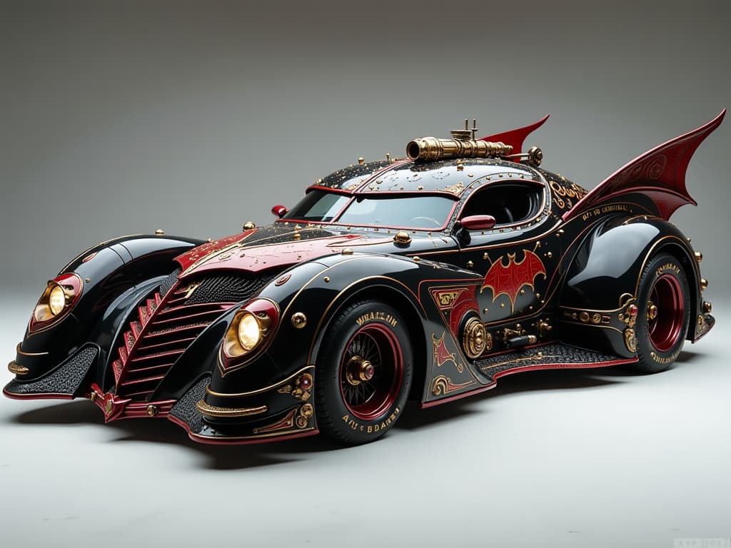  a heavily armored batmobile with a striking samurai aesthetic, featuring a sleek muscle car silhouette enhanced with tank like attributes. the vehicle is adorned with intricate steampunk and victorian mechanical designs, showcasing a rich color palette of deep black, vibrant red, and elegant gold accents. the car has sharp, aggressive lines, ornate detailing, and mechanical embellishments that emphasize its formidable presence.