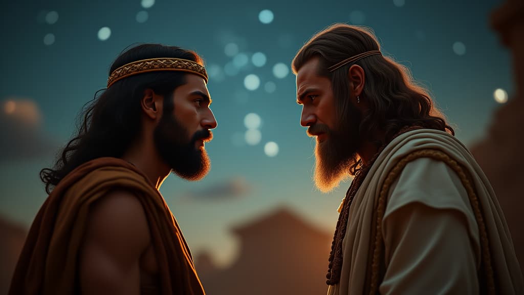  history of biblical times, jacob confronting laban after discovering the deception, their expressions filled with tension under a starry sky. hyperrealistic, full body, detailed clothing, highly detailed, cinematic lighting, stunningly beautiful, intricate, sharp focus, f/1. 8, 85mm, (centered image composition), (professionally color graded), ((bright soft diffused light)), volumetric fog, trending on instagram, trending on tumblr, HDR 4K, 8K