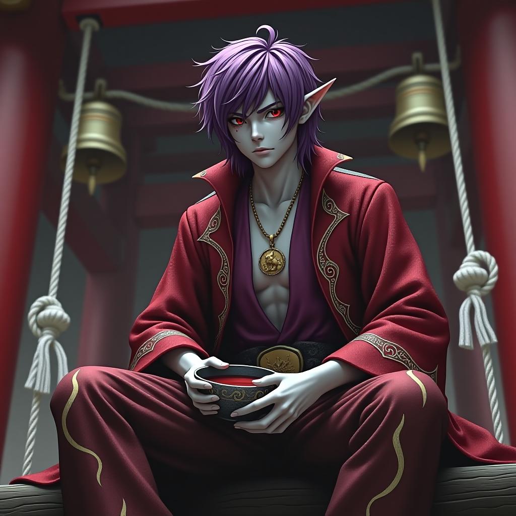  horror themed ringo sits on the upper beam of the high red gate theories, on which thin ropes hang bells in front of the shinto temple in ringo's left hand, the wide bowl of sake to the edges filled with alcohol, ringo pirate is depicted in full growth a young mature dark male elf with marble white skin, purple scarlet hair, ringo wears a disheveled hairstyle of medium length, pointed ear tips, lavender red eyes, wears a burgundy shirt with gold embroidery, in addition, he wears a dark red snake skin jacket with silver embroidery in the form of flames on the legs of the trousers also from a snake skin with a medium size silver skin. around his neck is a gold chain with a medium sized gold medallion. the medallion depicts a fox grinning s