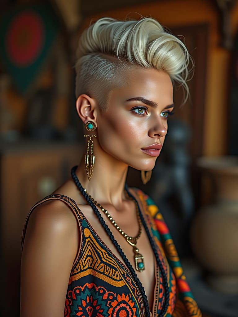  capture a stunningly beautiful, hyperrealistic, and highly detailed unedited 8k photograph of a swedish woman with a unique hairstyle and platinum blonde hair. the image, taken using a wide angle 35mm f/2 lens, features sharp focus, symmetrical balance, and is professionally color graded to enhance its intricate details. the setting is richly decorated in african style, characterized by vibrant colors, tribal patterns, natural materials, and cultural motifs. the ambiance is illuminated by bright, soft, diffused light, creating a hdr effect. the photograph retains a nostalgic touch with a polaroid 600 film grain, adding depth to the dense, intricate furnishings and decorations surrounding her.