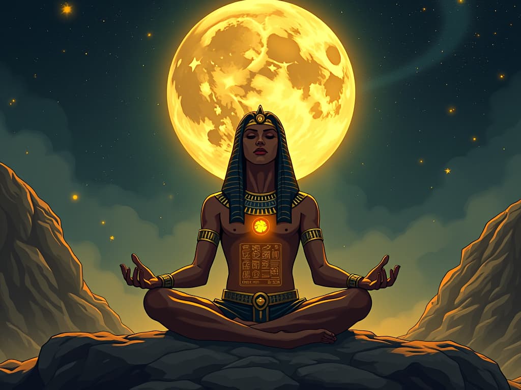  a person meditating under the full moon, golden energy emanating from their body, ancient inscriptions glowing, mood of opening the mind to new ideas. the style is digital art illustration / modern comic book / mysterious occult, symbolic, esoteric vibe,high detail on character design, incorporating ancient egyptian symbology and attire.