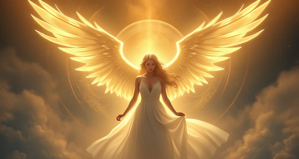  celestial being, ethereal wings, radiant light, golden aura, divine presence. the style is digital art illustration,highly detailed, whimsical,magical, dreamlike atmosphere, realism and fantasy blend, smooth, glossy textures,luminous quality, wonder and enchantment.