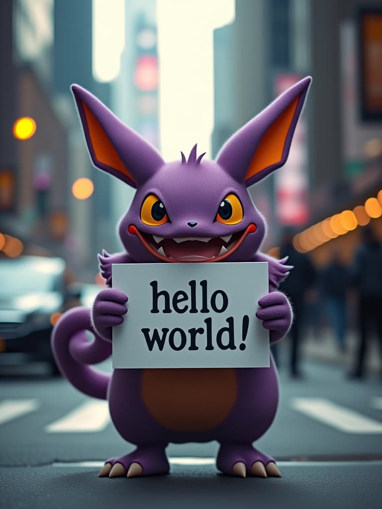  a gengar pokemon holding a sign with the text “hello world!” in a new york street hyperrealistic, full body, detailed clothing, highly detailed, cinematic lighting, stunningly beautiful, intricate, sharp focus, f/1. 8, 85mm, (centered image composition), (professionally color graded), ((bright soft diffused light)), volumetric fog, trending on instagram, trending on tumblr, HDR 4K, 8K