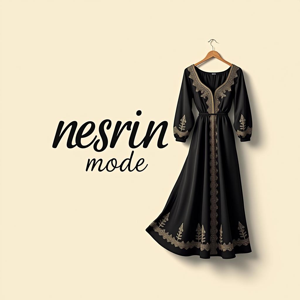  design a logo, nesrin mode hintergrund schwarz schrift weiß schreibschrift neben ein türkisches kleid , with the text 'nesrin mode '.