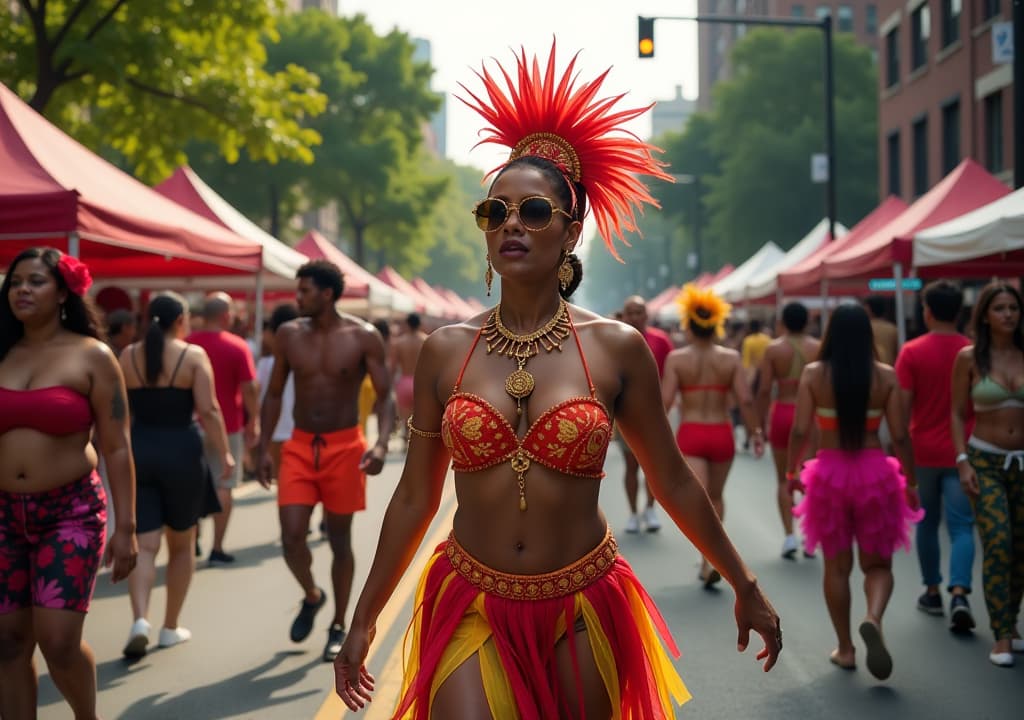  a vibrant scene from one of toronto's festivals, showcasing a colorful parade during caribana with participants in elaborate costumes, excited festival goers enjoying diverse food stalls, and live performances on a bustling street filled with energy and celebration. hyperrealistic, full body, detailed clothing, highly detailed, cinematic lighting, stunningly beautiful, intricate, sharp focus, f/1. 8, 85mm, (centered image composition), (professionally color graded), ((bright soft diffused light)), volumetric fog, trending on instagram, trending on tumblr, HDR 4K, 8K