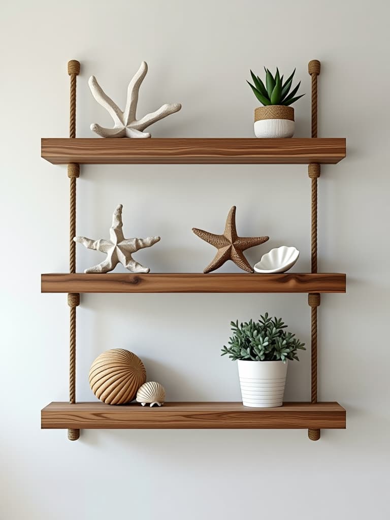  high quality portrait photo of a set of floating shelves made from weathered wood planks and rope, displaying coastal decor items like coral, seashells, and a small potted succulent hyperrealistic, full body, detailed clothing, highly detailed, cinematic lighting, stunningly beautiful, intricate, sharp focus, f/1. 8, 85mm, (centered image composition), (professionally color graded), ((bright soft diffused light)), volumetric fog, trending on instagram, trending on tumblr, HDR 4K, 8K