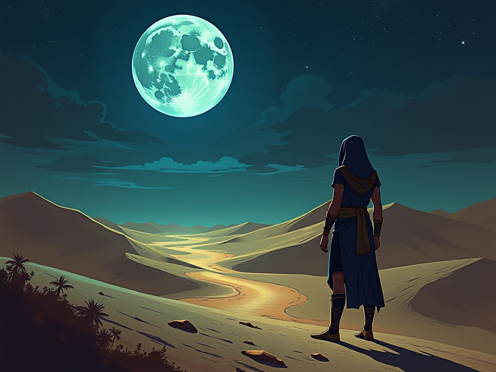  light of the full moon illuminating a narrow path through the desert, symbolizing opportunity within chaos. the style is digital art illustration / modern comic book / mysterious occult, symbolic, esoteric vibe,high detail on character design, incorporating ancient egyptian symbology and attire.