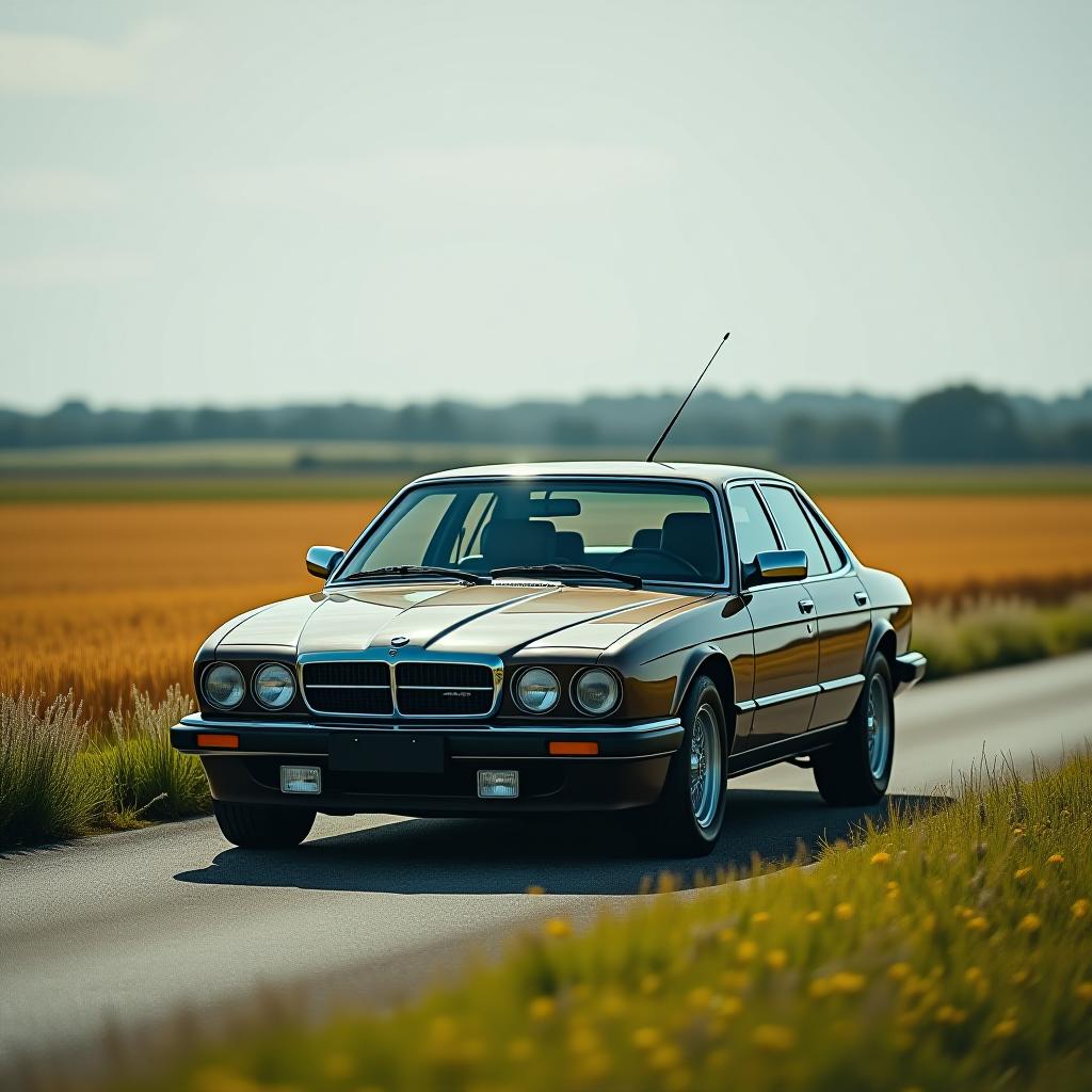  the car is driving along the border of the fields with a white gnss antenna on the hood.