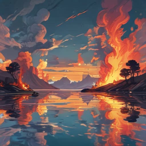 Fire on the water with land and sky in Comic Art style