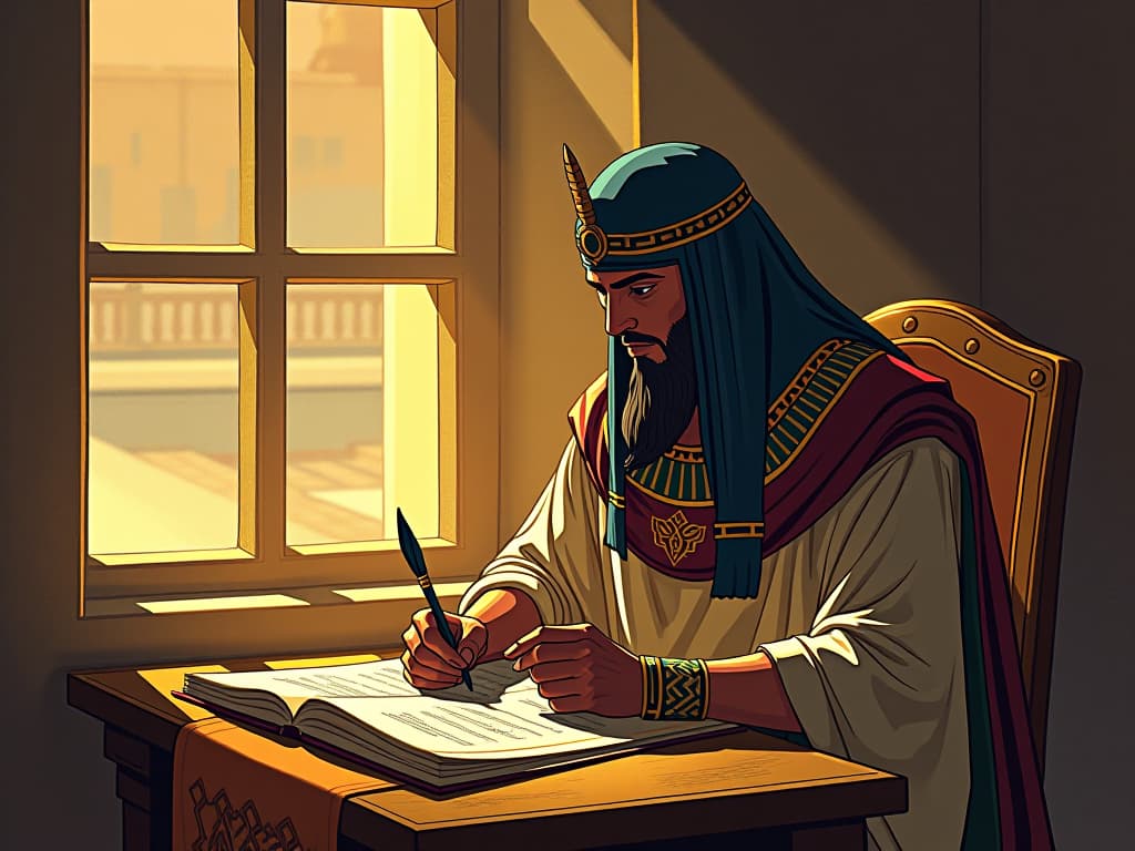  an ancient egyptian scribe in traditional garb, seated by a window as sunlight streams in. scrolls and ink quill before him, deeply engrossed in transcribing, representing the refinement of thoughts. serene and scholarly ambiance.. the style is digital art illustration / modern comic book / mysterious occult, symbolic, esoteric vibe,high detail on character design, incorporating ancient egyptian symbology and attire.