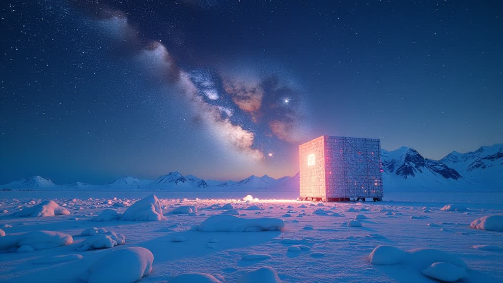  prompt: create a hyper realistic image showcasing the discovery of cosmic neutrinos from the milky way using the icecube detector. the composition should feature a detailed depiction of the milky way galaxy with its luminous band of stars filling the night sky. include the icecube detector at the south pole, made up of intricate sensors embedded in the antarctic ice. show vibrant, light filled interactions where neutrinos produce flashes of light, symbolizing their identification. incorporate el