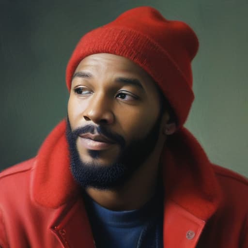 Marvin Gaye with a red beanie on in the studio in Oil painting style