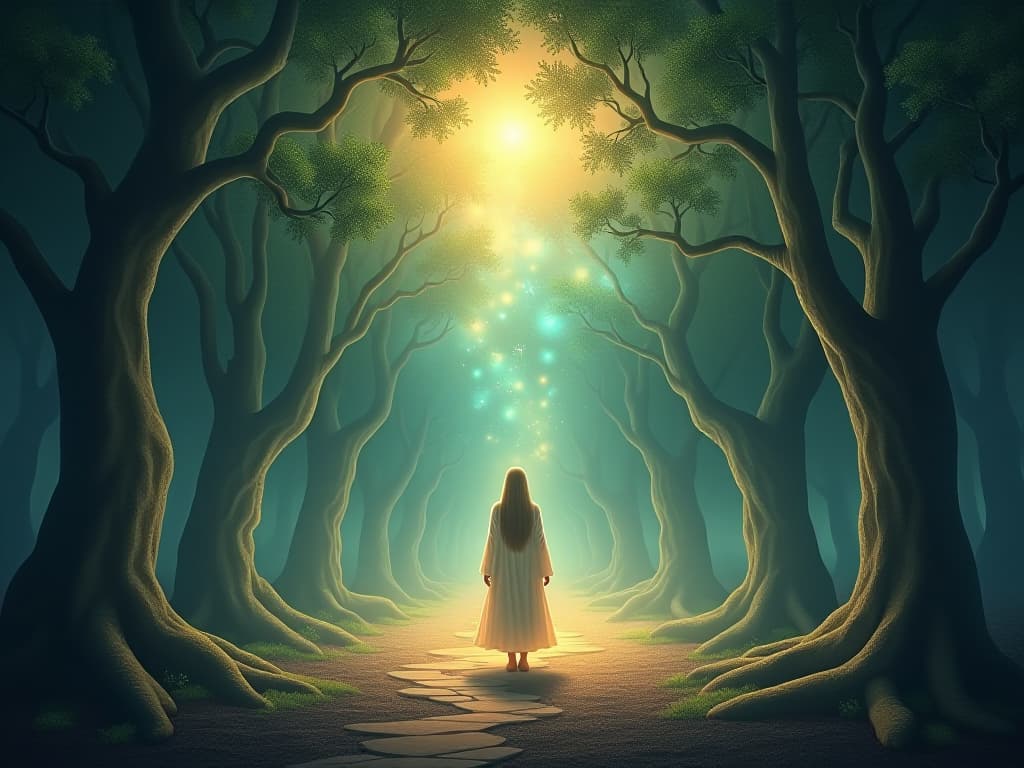  luminescent figure connected to earth and heavens, standing on a glowing path surrounded by ancient trees and celestial light in an ethereal forest.. the style is digital art illustration,highly detailed, whimsical,magical, dreamlike atmosphere, realism and fantasy blend, smooth, glossy textures,luminous quality, wonder and enchantment.