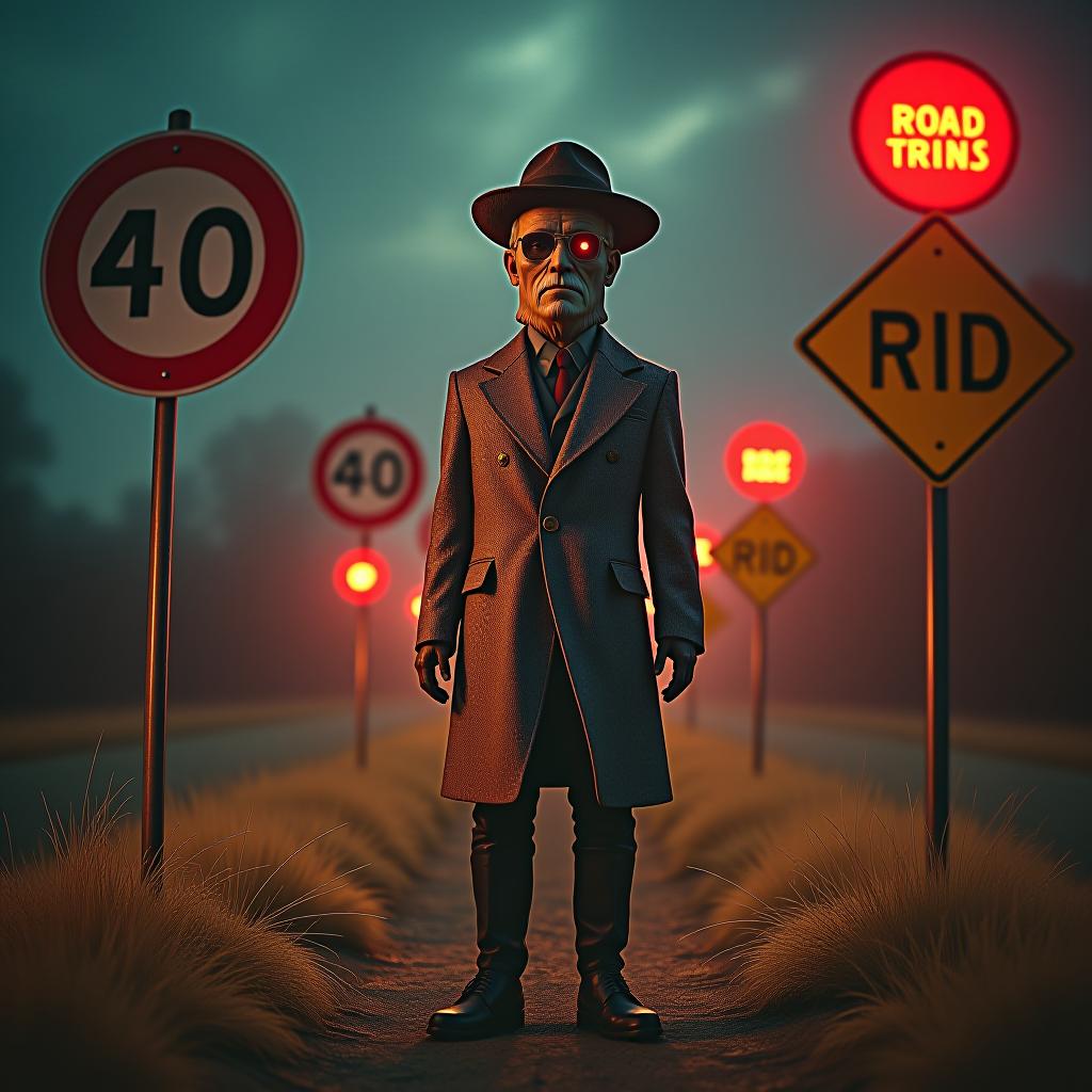  surrealist art road meat grinder, road signs, road channel, road news . dreamlike, mysterious, provocative, symbolic, intricate, detailed hyperrealistic, full body, detailed clothing, highly detailed, cinematic lighting, stunningly beautiful, intricate, sharp focus, f/1. 8, 85mm, (centered image composition), (professionally color graded), ((bright soft diffused light)), volumetric fog, trending on instagram, trending on tumblr, HDR 4K, 8K