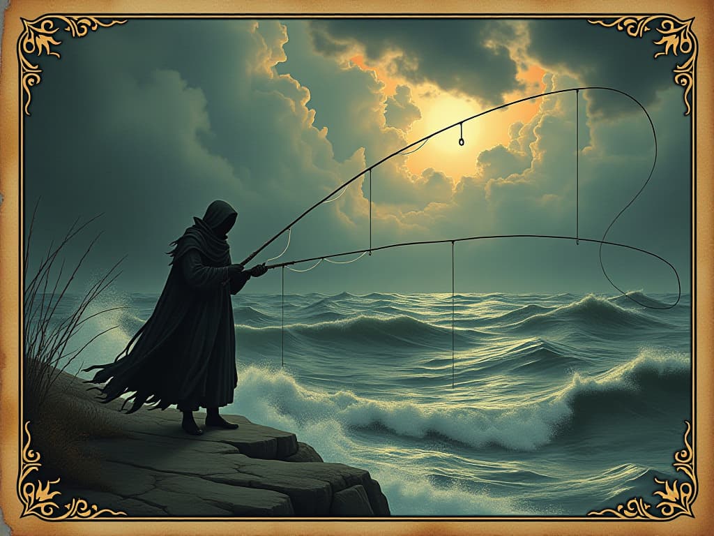  character casting multiple fishing lines into a turbulent sea, stormy clouds above, focus on the baited hooks, chaos, unrest. an illustration in the style of a worn, mystical old tarot trump card, mysterious and elements of surrealism. the colors are muted, somber and eerie, but with contrast bring out an occult and esoteric vibe.