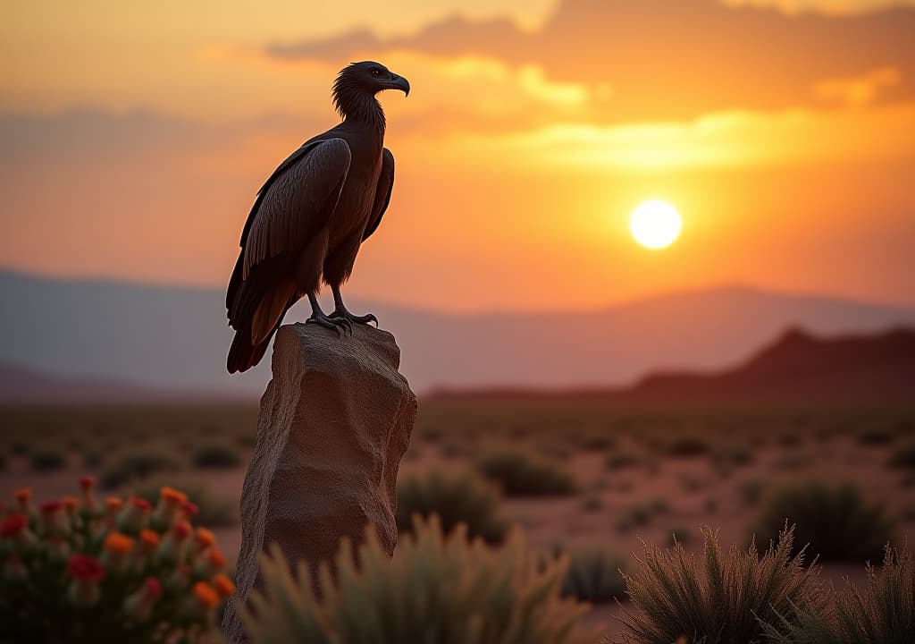  a majestic ancient vulture perched atop a crumbling stone pillar, surrounded by vibrant desert flora and a backdrop of a dusky sunset, symbolizing the cycle of life and death. hyperrealistic, full body, detailed clothing, highly detailed, cinematic lighting, stunningly beautiful, intricate, sharp focus, f/1. 8, 85mm, (centered image composition), (professionally color graded), ((bright soft diffused light)), volumetric fog, trending on instagram, trending on tumblr, HDR 4K, 8K