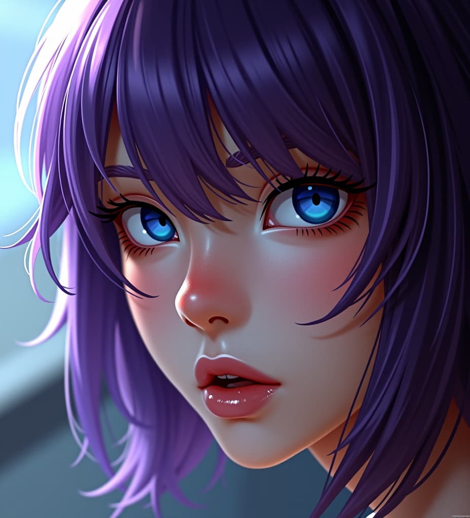  4k human realistic, good lighting. blue eyes, purple hair, young , good angle