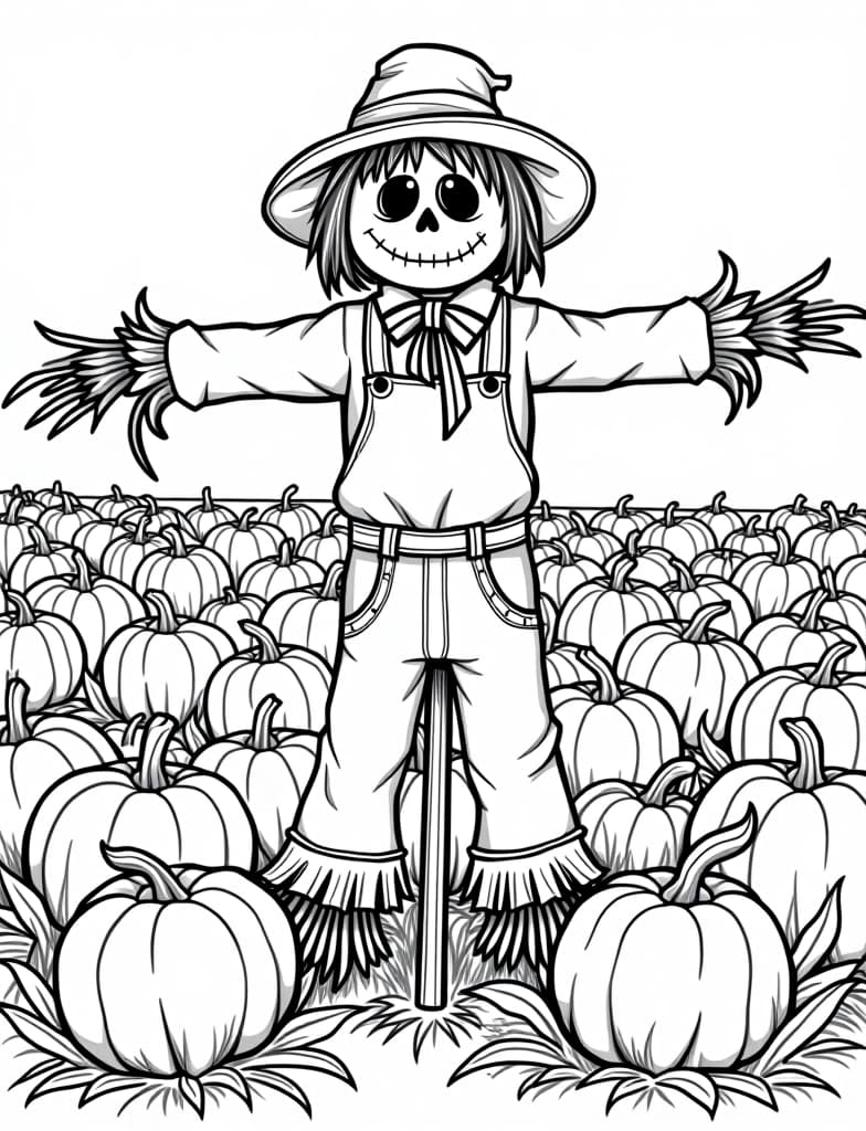  a scarecrow standing in a pumpkin patch, black and white line art on a white background, for an adult coloring page.