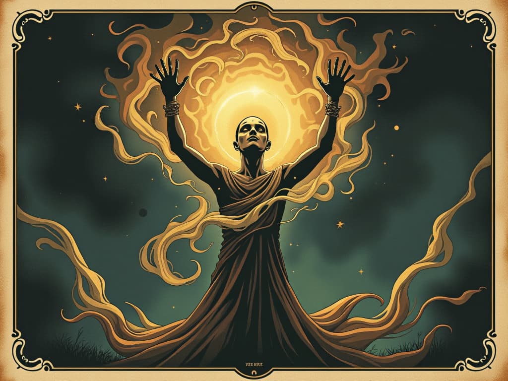  a celestial force, swirling within a person, intense light, gravitational pull. an illustration in the style of a worn, mystical old tarot trump card, mysterious and elements of surrealism. the colors are muted, somber and eerie, but with contrast bring out an occult and esoteric vibe.