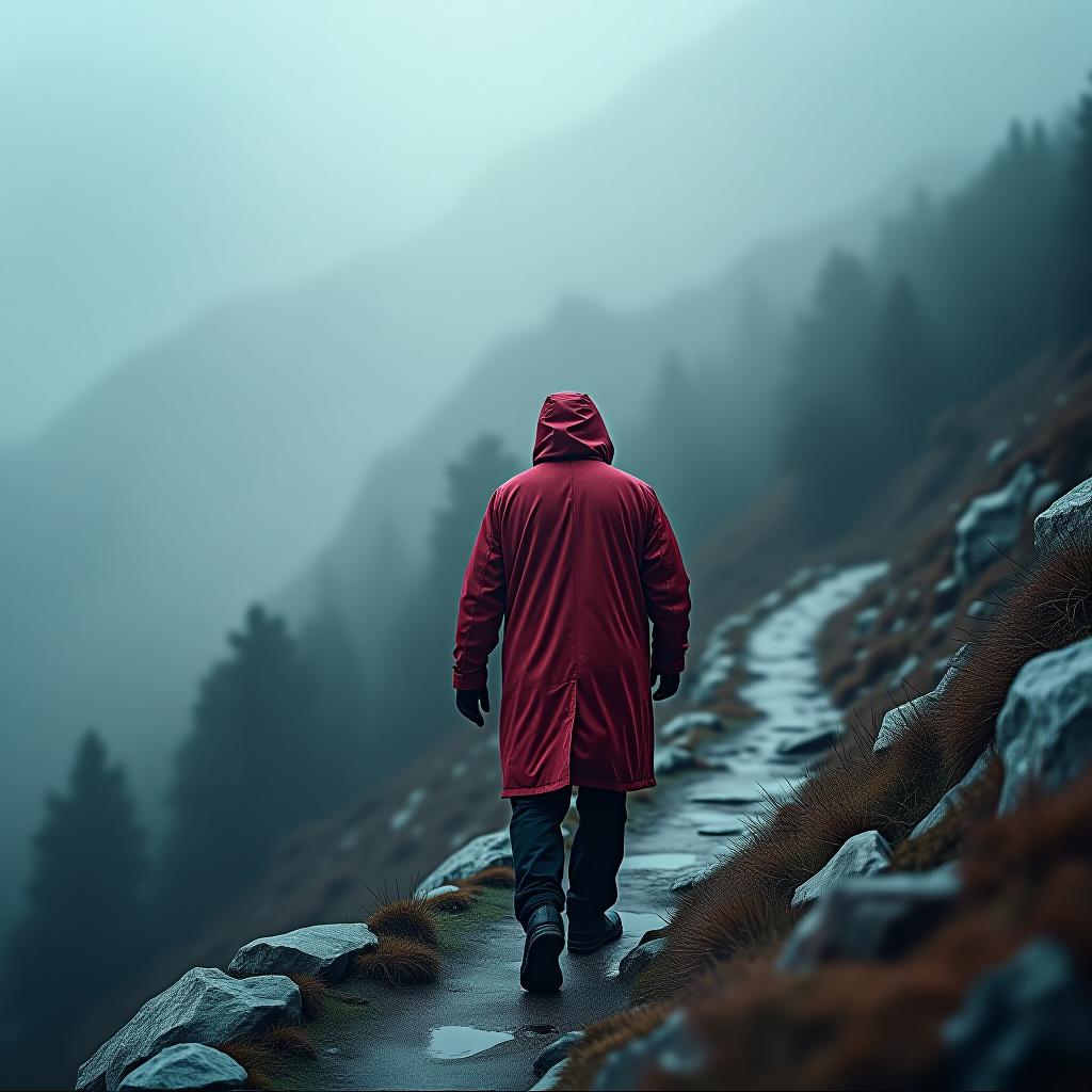  hyperrealistic art a man in a red coat walking up the mountain under heavy rain . extremely high resolution details, photographic, realism pushed to extreme, fine texture, incredibly lifelike hyperrealistic, full body, detailed clothing, highly detailed, cinematic lighting, stunningly beautiful, intricate, sharp focus, f/1. 8, 85mm, (centered image composition), (professionally color graded), ((bright soft diffused light)), volumetric fog, trending on instagram, trending on tumblr, HDR 4K, 8K