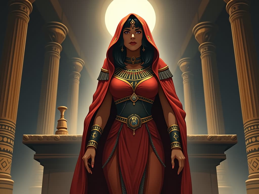  older, large busted priestess in flowing, form fitting robes, standing in front of a sacred altar, soft rays of light filtering in, reflecting on past rituals. the style is digital art illustration / modern comic book / mysterious occult, symbolic, esoteric vibe,high detail on character design, incorporating ancient egyptian symbology and attire.